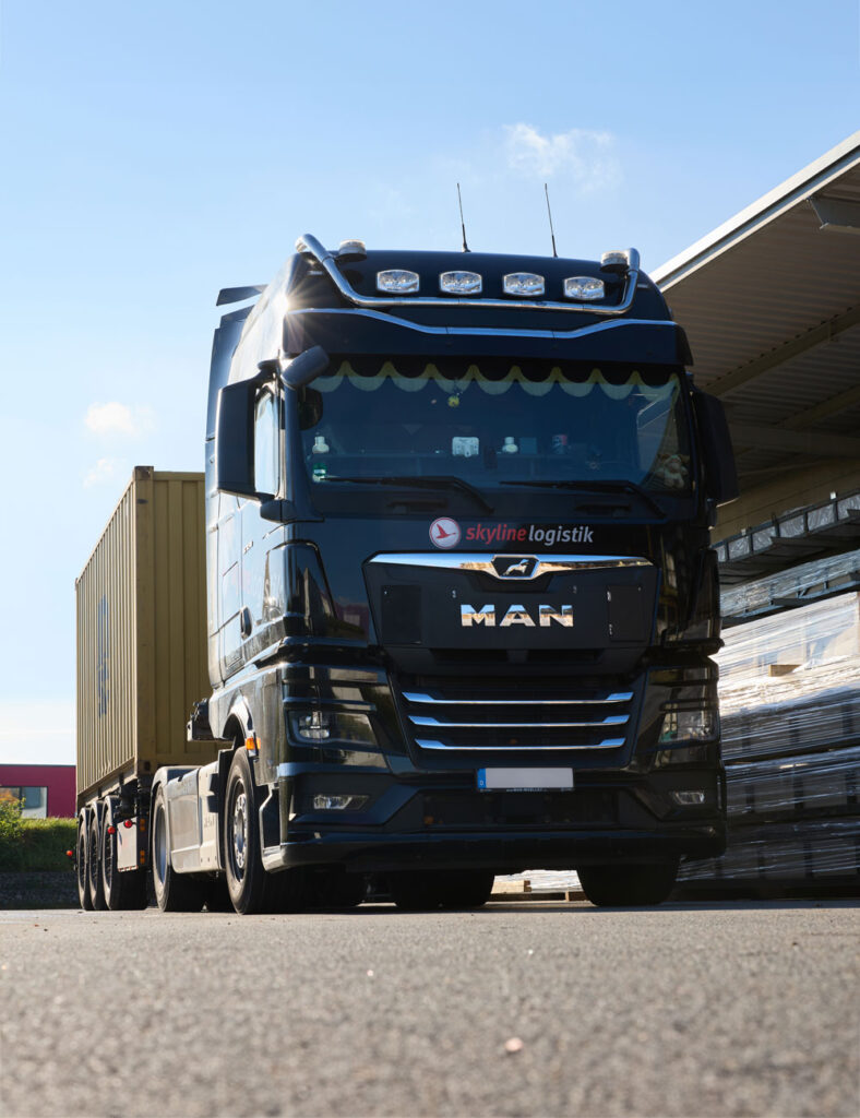 Schwarzer Skyline Logistik LKW mit Container-Fracht